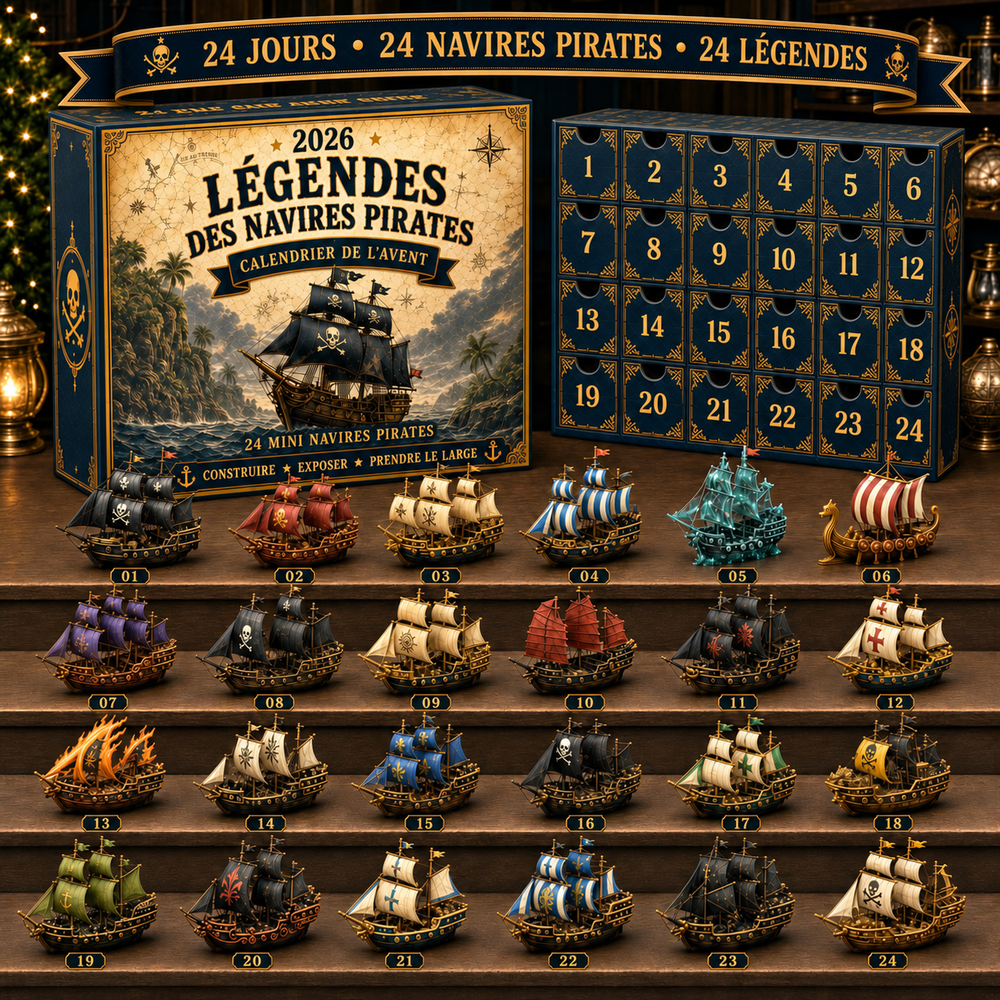Flotte de navires pirates miniatures à découvrir chaque jour avec le Calendrier de l'Avent, parfait pour collectionneurs.