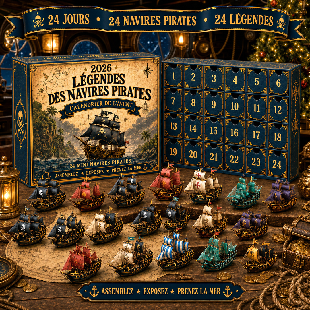 Calendrier de l'Avent Pirates 2026: 24 navires miniatures à collectionner pour enfants, jouet éducatif et cadeau de Noël.