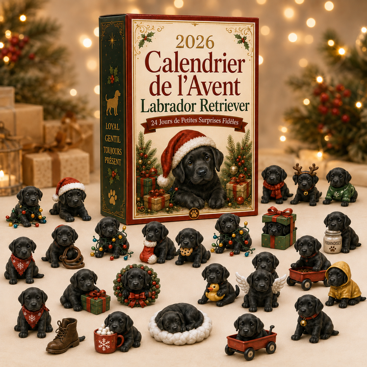 Calendrier de l'Avent 2026 avec illustration de Labrador, surprises de Noël, festive décoration chien.