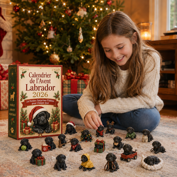 Calendrier de l'Avent 2026 festif pour Noël, illustré d'un Labrador, avec 24 surprises et décorations.
