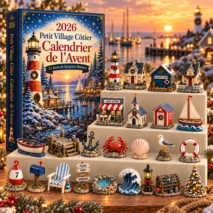 Calendrier de l'Avent thématique village côtier, idéal cadeau de Noël; 24 décorations miniatures pour un hiver festif.
