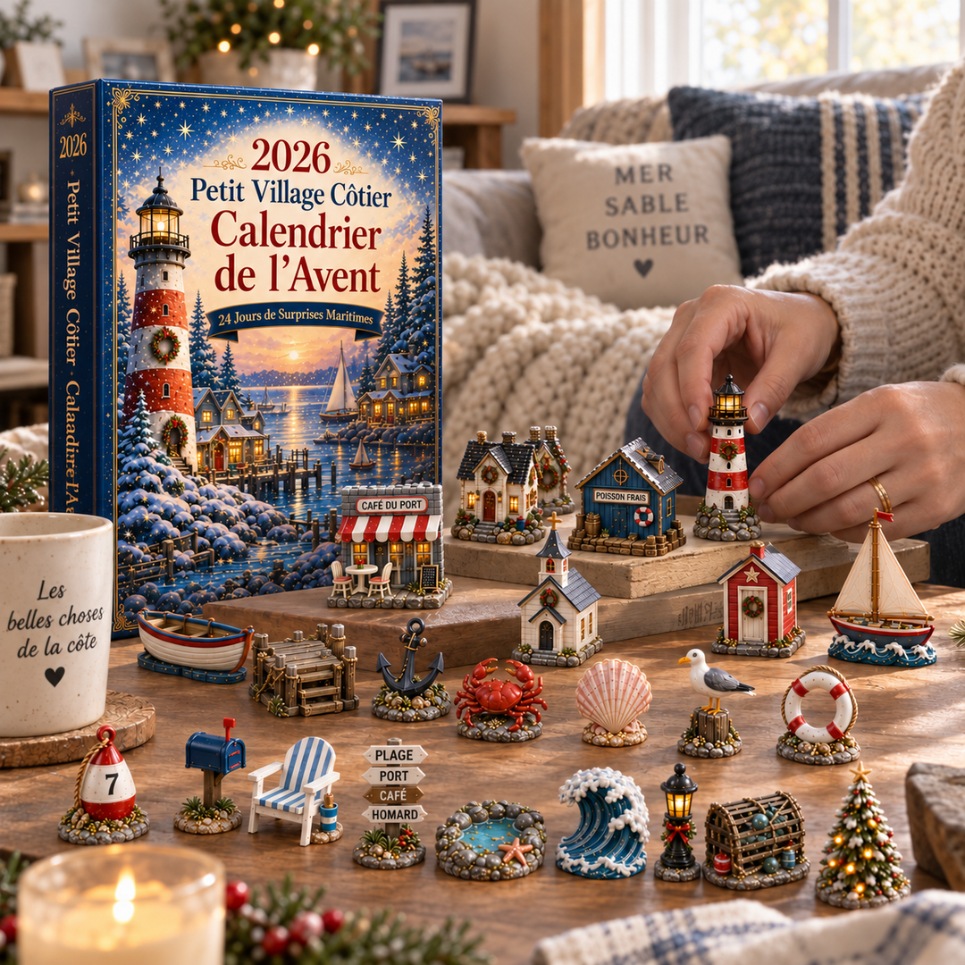 Calendrier de l'Avent Village Côtier avec 24 miniatures de Noël, décor maritime festif pour compte à rebours hivernal.