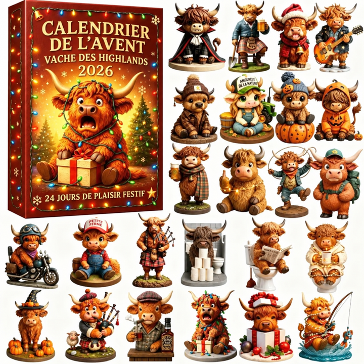 Calendrier de l'Avent Vache des Highlands 2026. 24 figurines détaillées pour décoration de Noël.