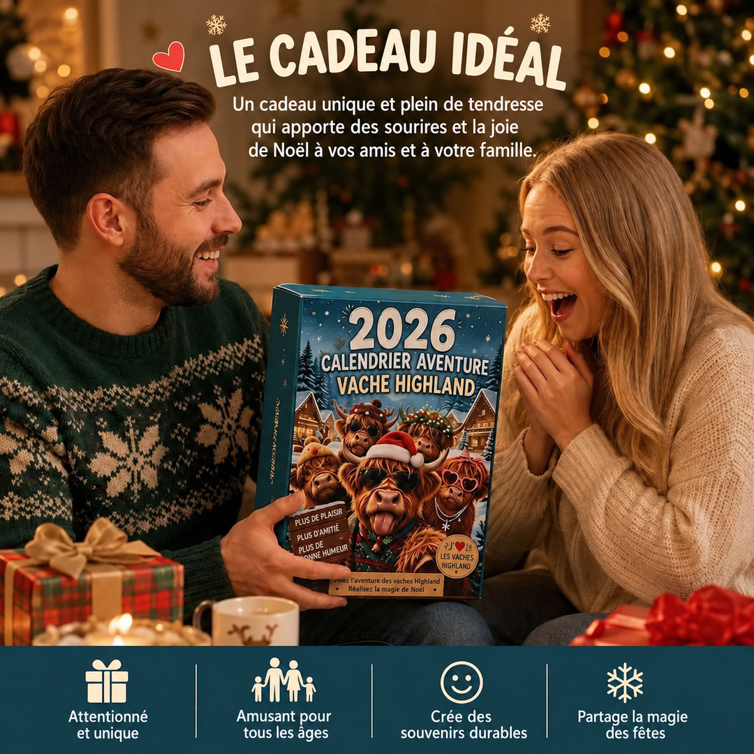 Ambiance de Noël: Calendrier de l'Avent Vache des Highlands et ses figurines décoratives.
