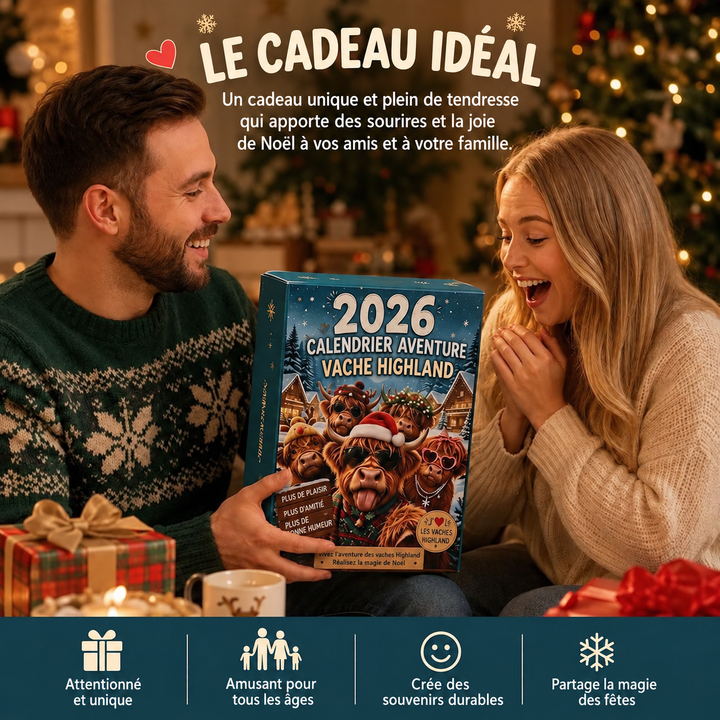 Ambiance de Noël: Calendrier de l'Avent Vache des Highlands et ses figurines décoratives.