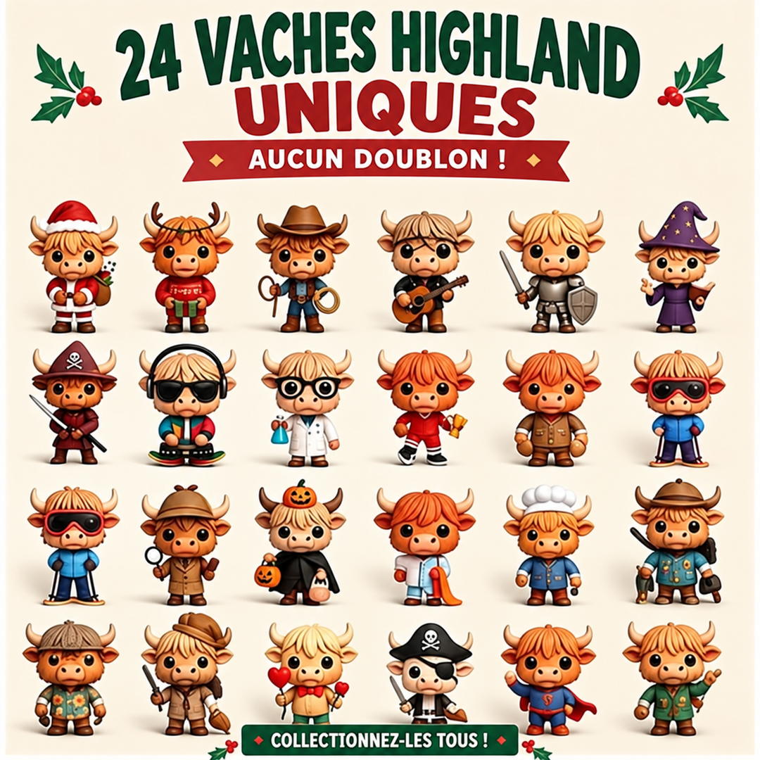 Collection de 24 figurines Vache des Highlands pour le Calendrier de l'Avent de Noël.
