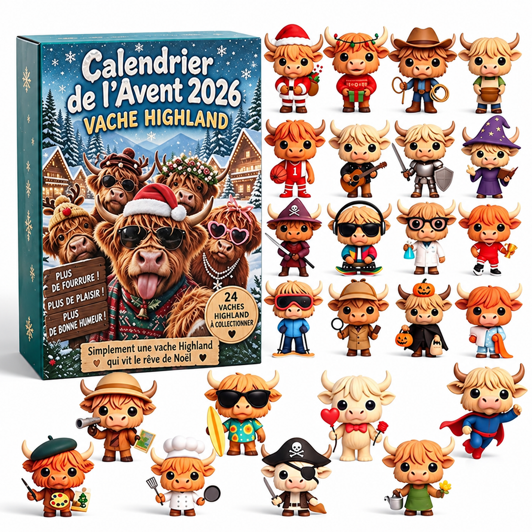 Cadeau de Noël unique: Calendrier de l'Avent Vache des Highlands 2026, 24 figurines animaux.