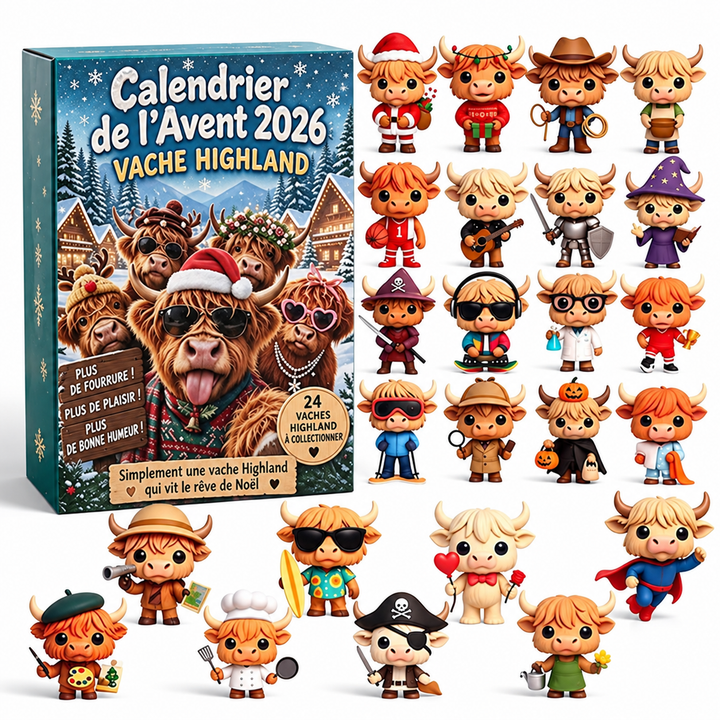 Cadeau de Noël unique: Calendrier de l'Avent Vache des Highlands 2026, 24 figurines animaux.