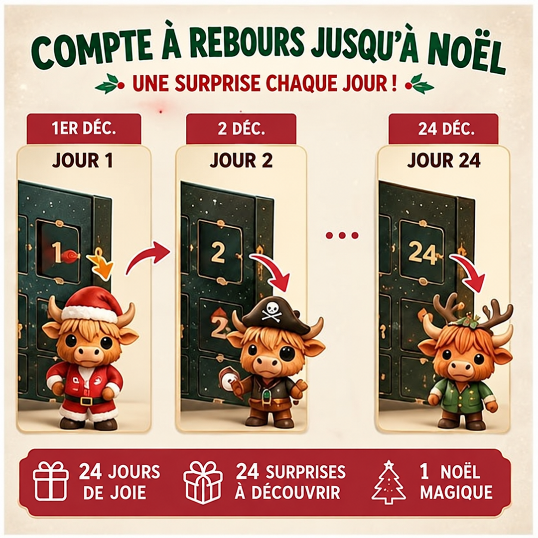 Décoration de Noël rustique: Calendrier de l'Avent Vache des Highlands avec 24 figurines.