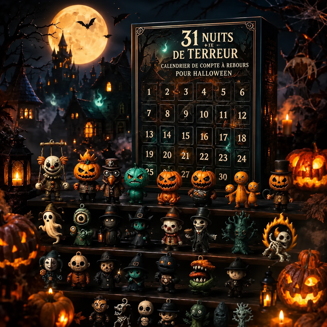 Calendrier de l'Avent Halloween 2026 comme décoration saisonnière sur une étagère, prêt pour octobre.