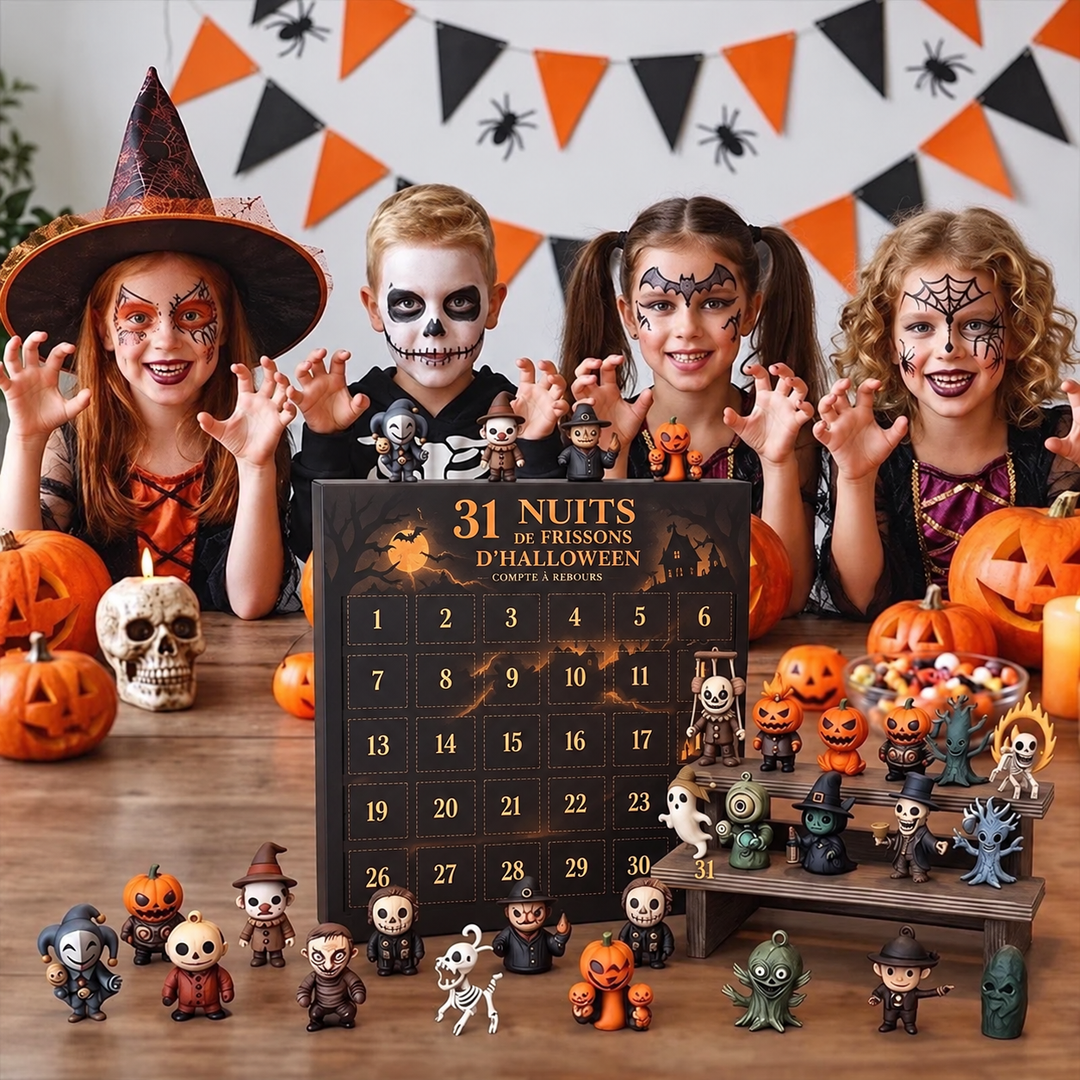 Calendrier de l'Avent Halloween 2026 au design spooky, dévoilant 31 cases de surprises et accessoires.