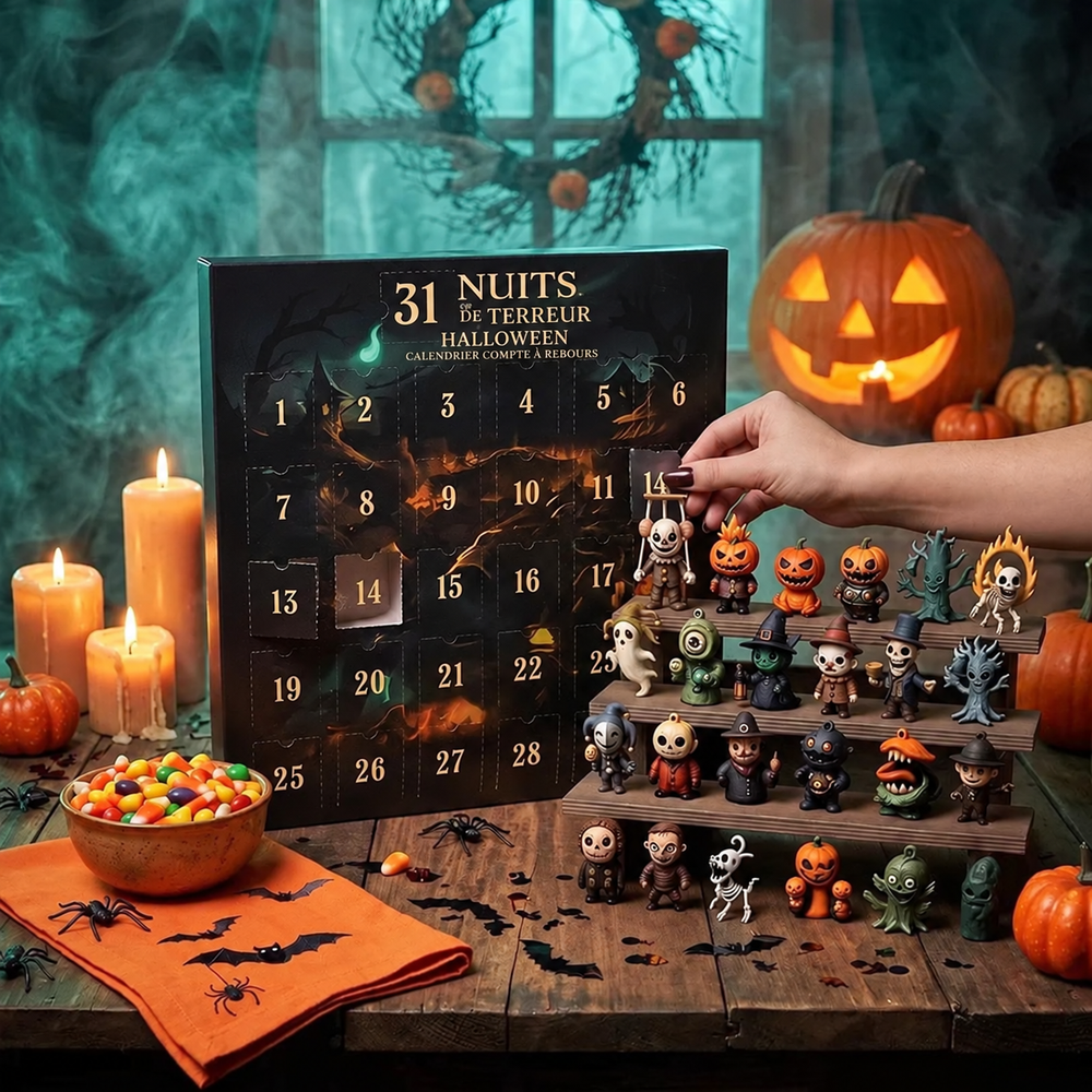 Détail des 31 sachets mystères du calendrier de l'Avent Halloween, remplis de figurines et accessoires festifs.