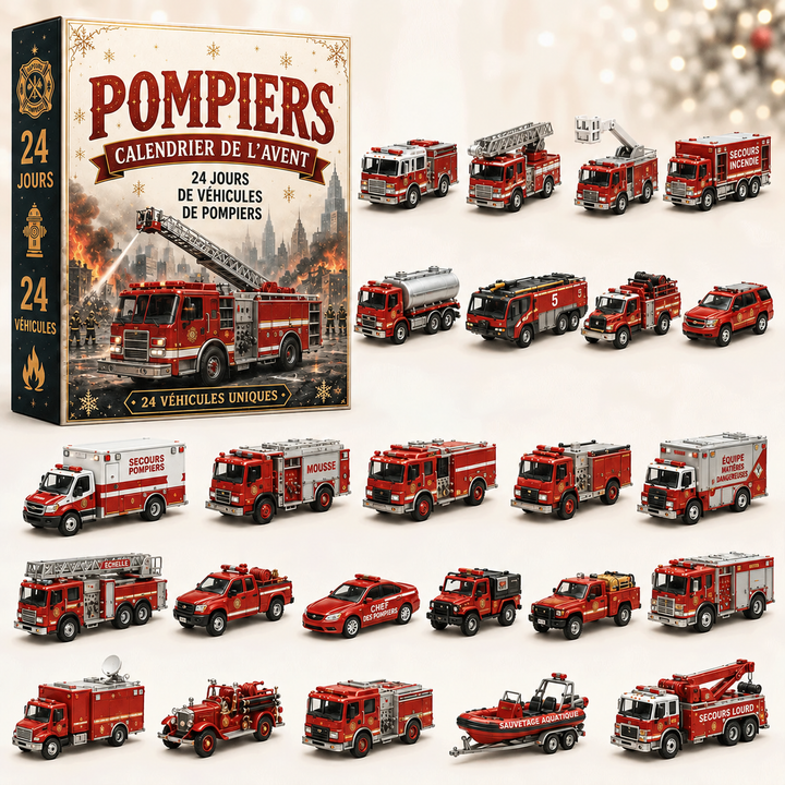 Calendrier de l'Avent jouet enfant: Collection de camions de pompiers 3D, parfait avant les fêtes.