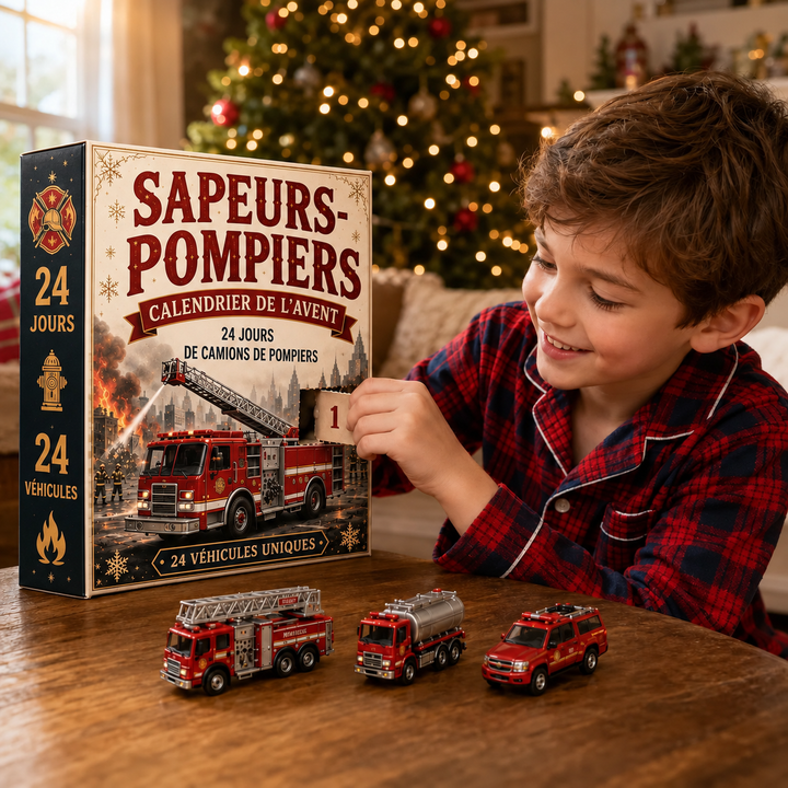 Décompte de Noël avec modèles 3D de véhicules de pompiers. Calendrier de l'Avent thématique pour enfants.