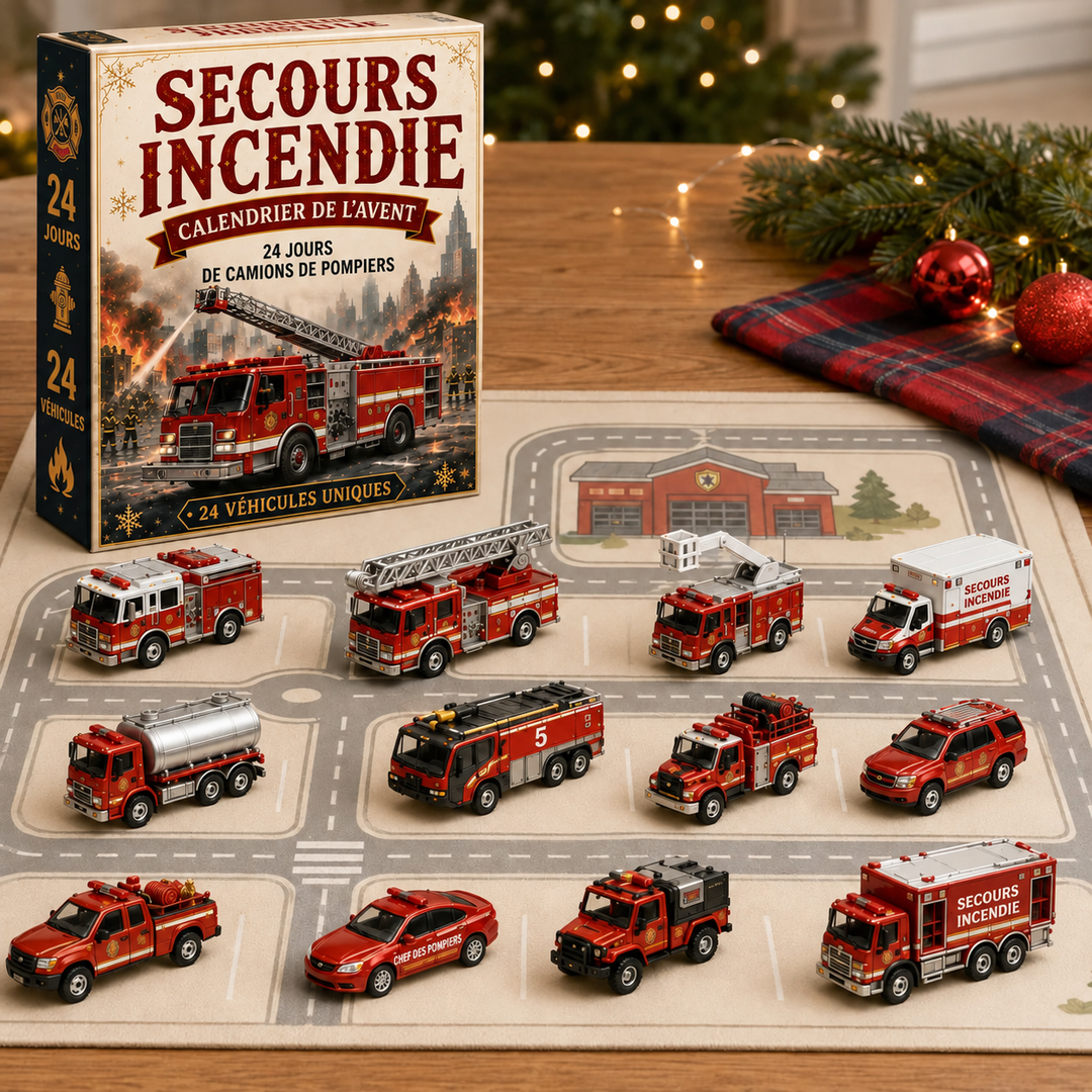 Collection de véhicules de pompiers 3D miniatures. Calendrier de l'Avent idéal pour jeunes passionnés.