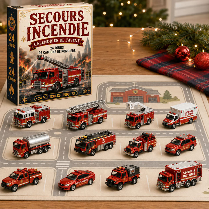 Collection de véhicules de pompiers 3D miniatures. Calendrier de l'Avent idéal pour jeunes passionnés.