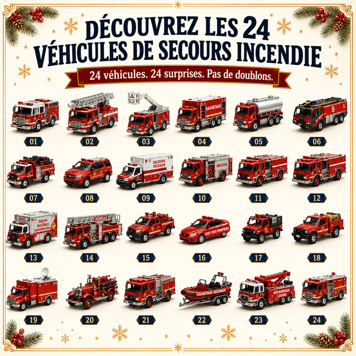 Calendrier de l'Avent véhicules de pompiers 3D pour enfants. Jouet parfait pour le décompte de Noël.