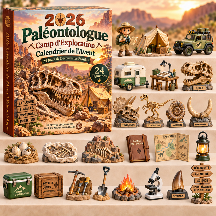 Calendrier de l'Avent avec 24 fossiles et surprises sur les dinosaures. Une aventure paléontologique éducative.