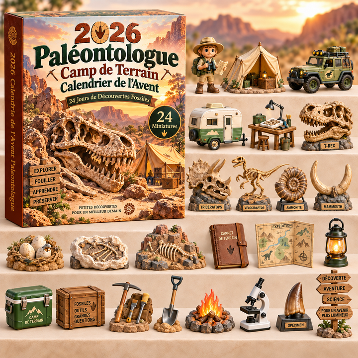 Boîte du Calendrier de l'Avent Paléontologie illustrée de dinosaures et fossiles, promettant 24 jours d'apprentissage.