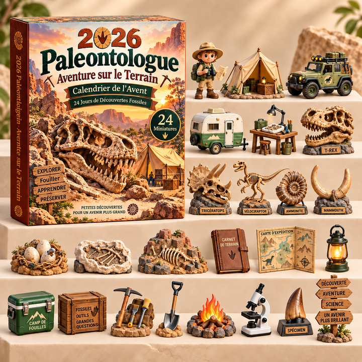 Vivez 24 aventures préhistoriques avec le Calendrier de l'Avent Paléontologie. Fouillez pour trouver des fossiles.