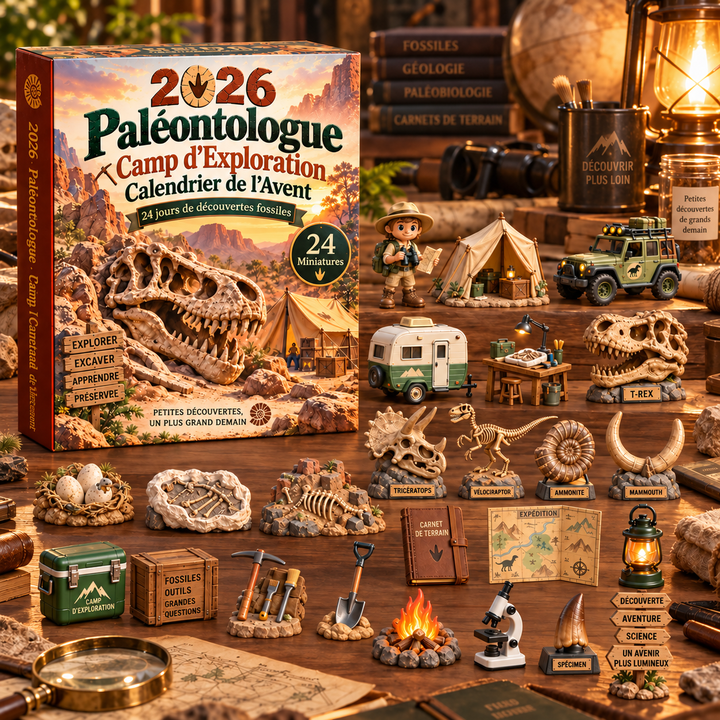Calendrier de l'Avent science et nature: 24 jours de paléontologie. Explorez l'univers des fossiles et dinosaures.
