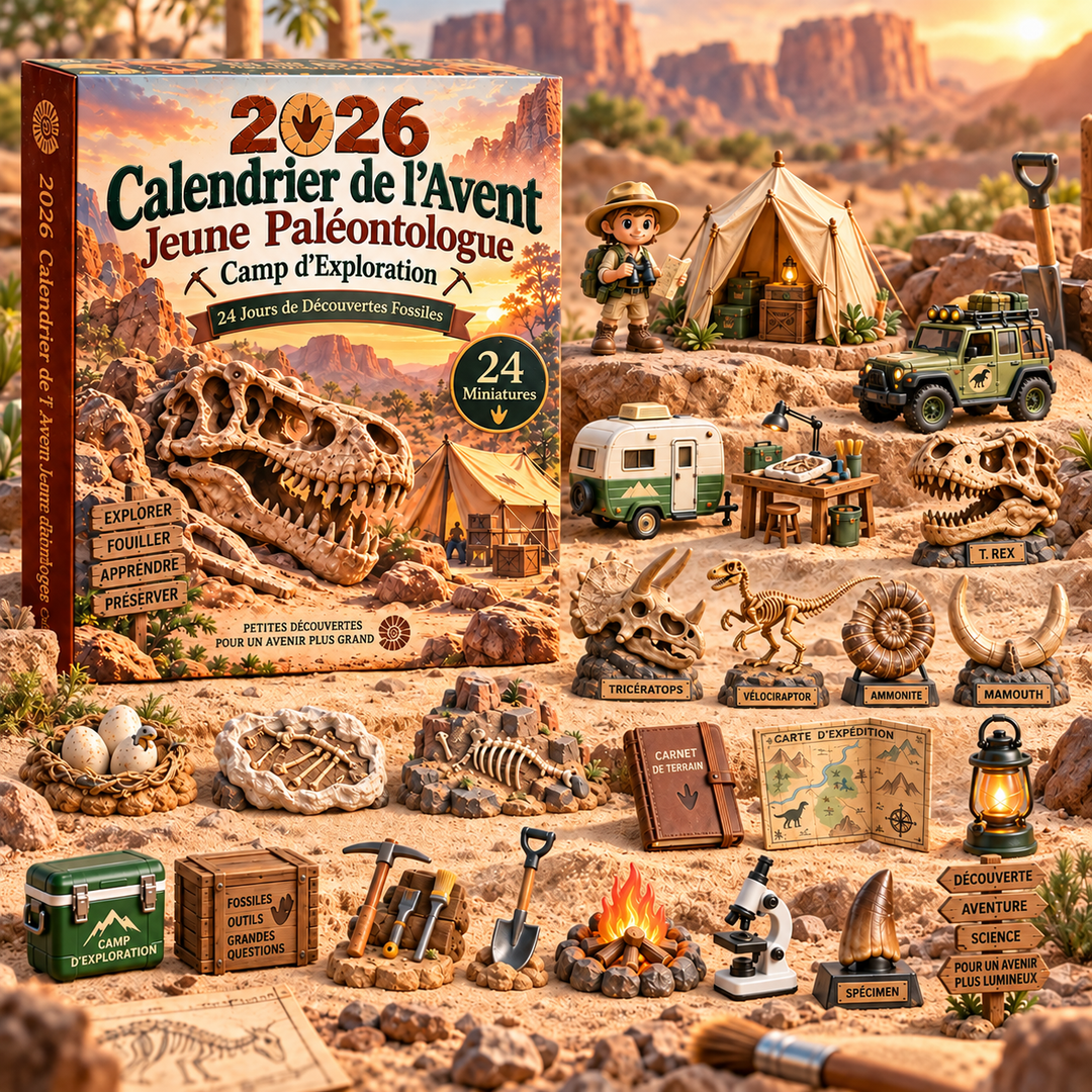 Calendrier de l'Avent pour enfants sur la paléontologie. Dinosaures, fossiles et découvertes scientifiques ludiques.