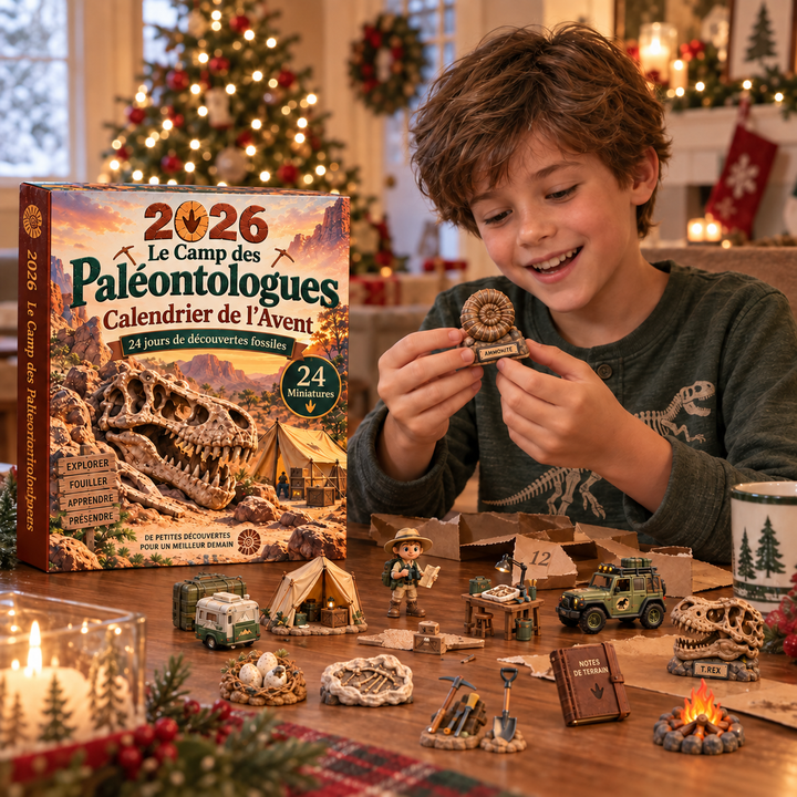 Découvrez 24 surprises préhistoriques avec ce Calendrier de l'Avent Paléontologie. Idéal pour les fans de dinosaures!