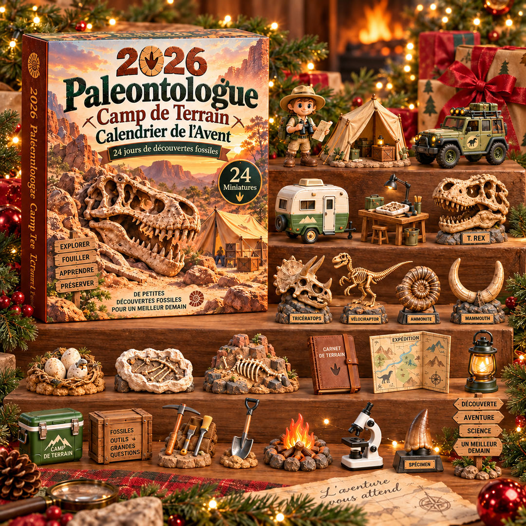 Calendrier de l'Avent éducatif paléontologie pour enfants. Apprenez sur les dinosaures et fossiles chaque jour.
