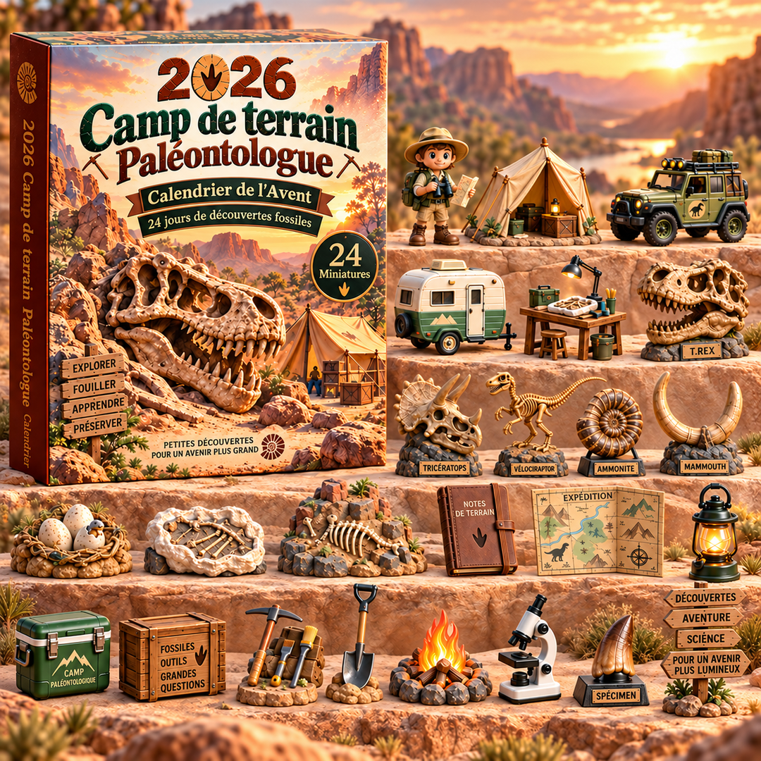 Calendrier de l'Avent Paléontologie pour enfants. 24 jours d'aventure préhistorique avec fossiles et dinosaures.