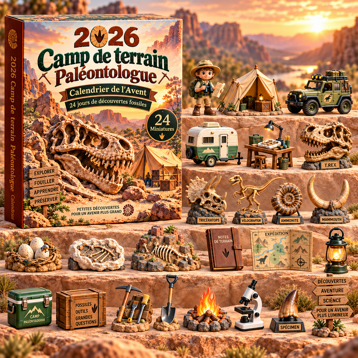 Calendrier de l'Avent Paléontologie pour enfants. 24 jours d'aventure préhistorique avec fossiles et dinosaures.