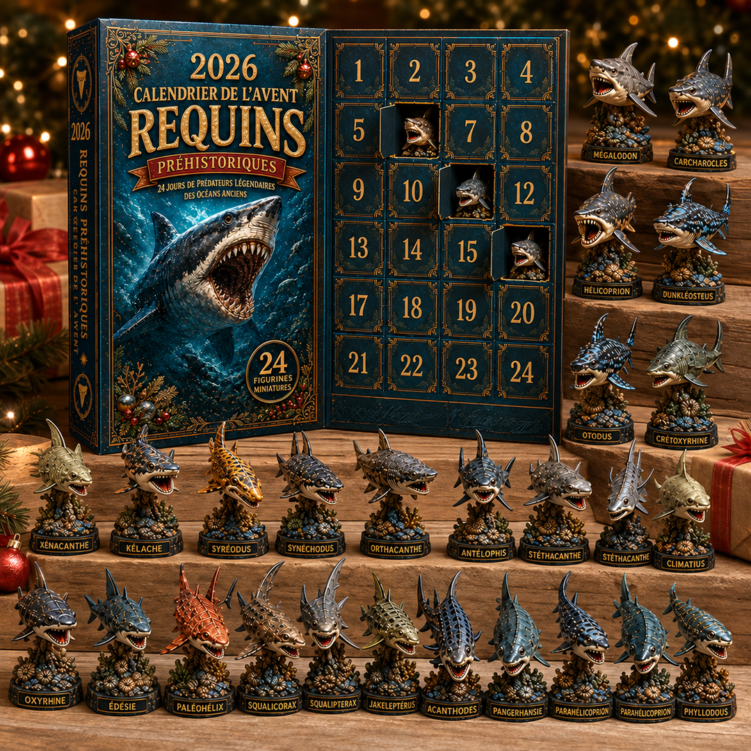 Boîte du Calendrier de l'Avent Requins Préhistoriques 2026, avec illustrations de créatures marines anciennes.