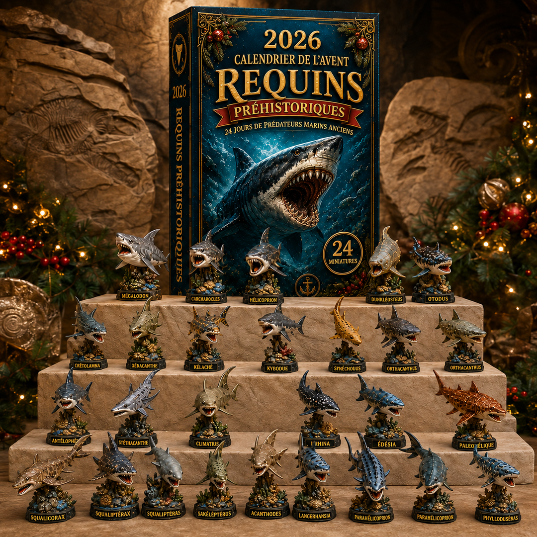 Activité hiver : Calendrier Avent Requins Préhistoriques pour enfants, collection de fossiles et océan ancien.