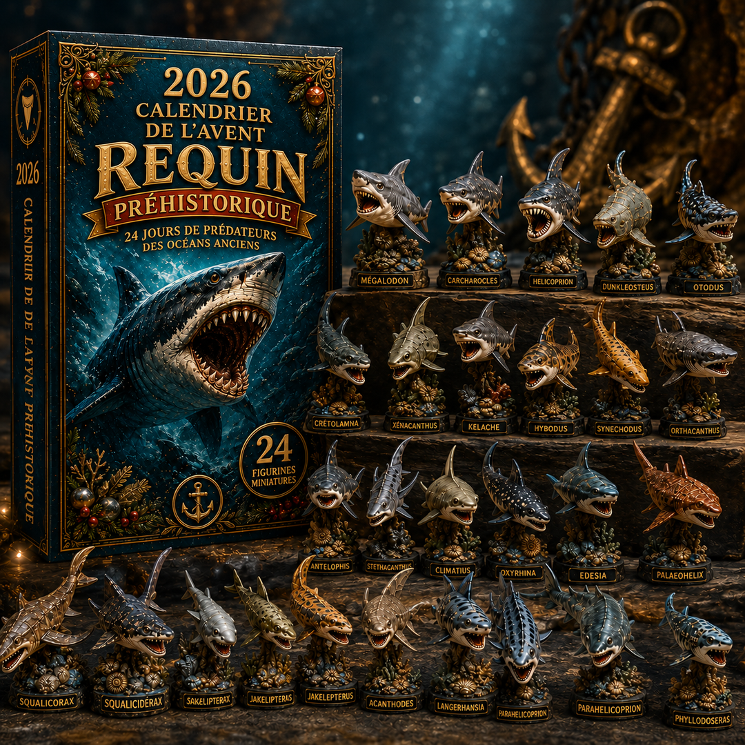 Compte à rebours Noël 2026 avec calendrier de l'Avent Requins Préhistoriques, préhistoire et découverte marine.