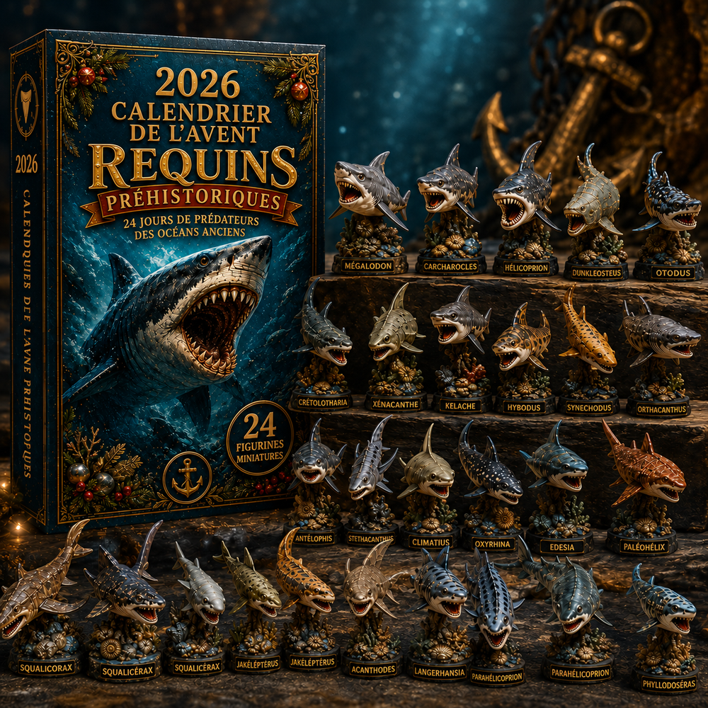Cadeau de Noël éducatif : Calendrier de l'Avent Requins Préhistoriques pour enfants, fossiles et océan ancien.