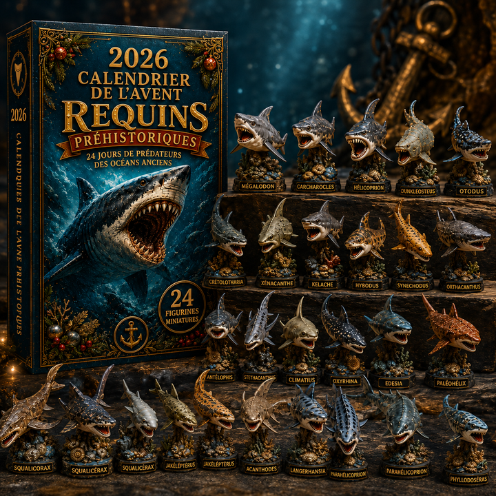 Cadeau de Noël éducatif : Calendrier de l'Avent Requins Préhistoriques pour enfants, fossiles et océan ancien.