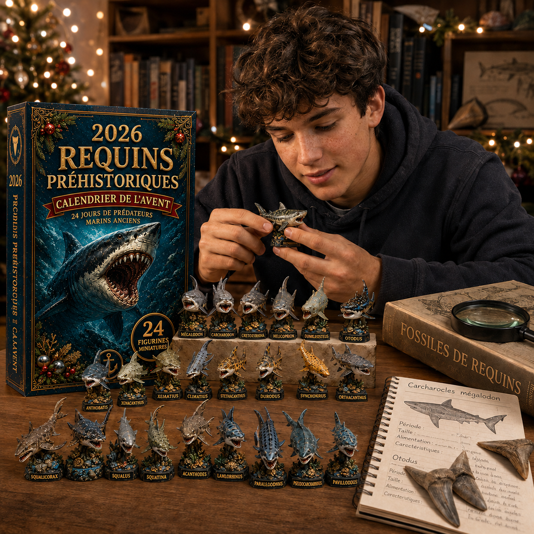 Calendrier de l'Avent 2026 Requins Préhistoriques pour enfants, découverte marine et fossiles.