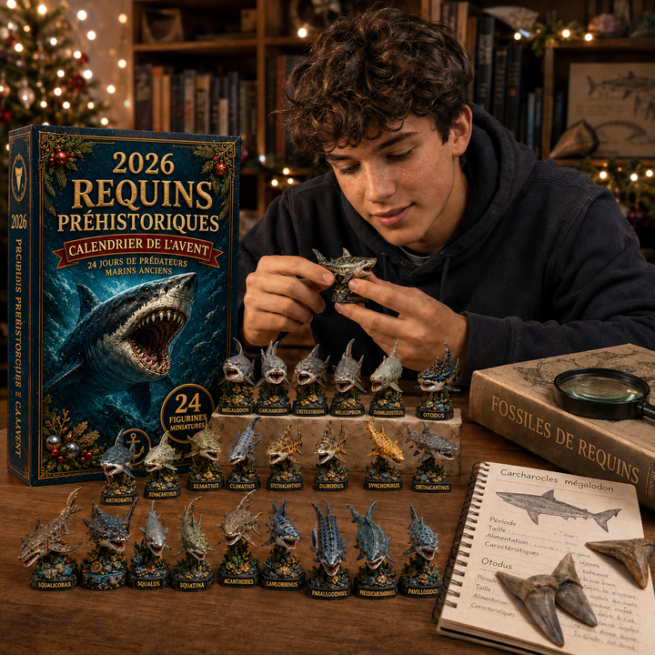 Calendrier de l'Avent 2026 Requins Préhistoriques pour enfants, découverte marine et fossiles.