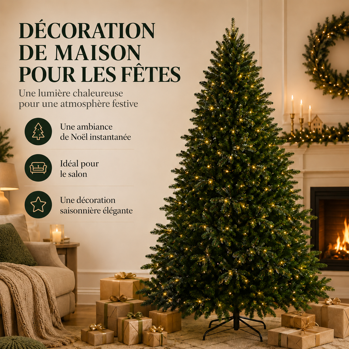 Grand sapin de Noël artificiel pré-éclairé LED, ambiance chaleureuse pour célébrer Noël.