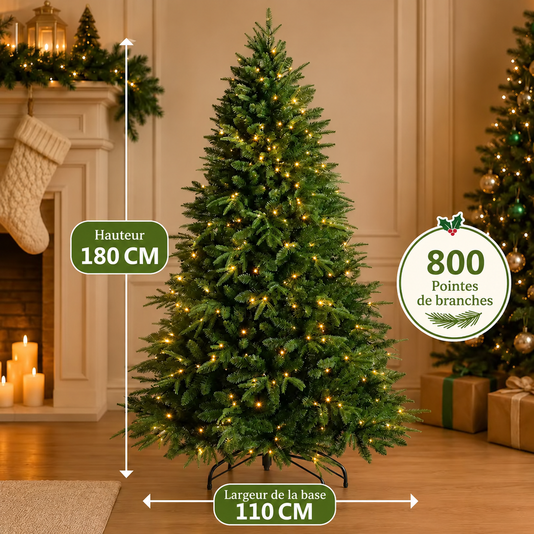 Sapin de Noël artificiel luxueux, pré-éclairé LED, diverses tailles pour décoration festive.