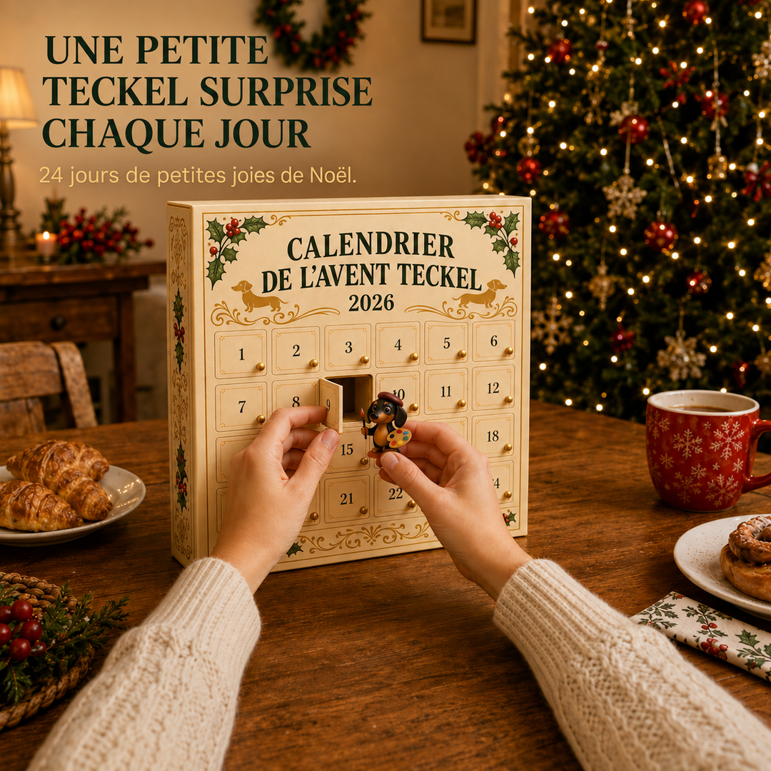 Calendrier Avent Dackel 2026 pour amant de chien. Figurine teckel surprises pour décoration d'hiver et joie de Noël.