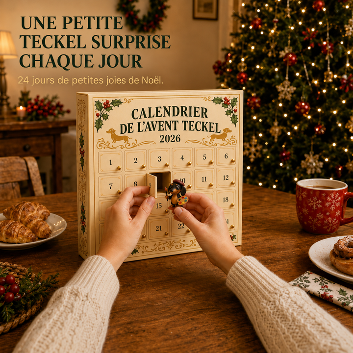 Calendrier Avent Dackel 2026 pour amant de chien. Figurine teckel surprises pour décoration d'hiver et joie de Noël.