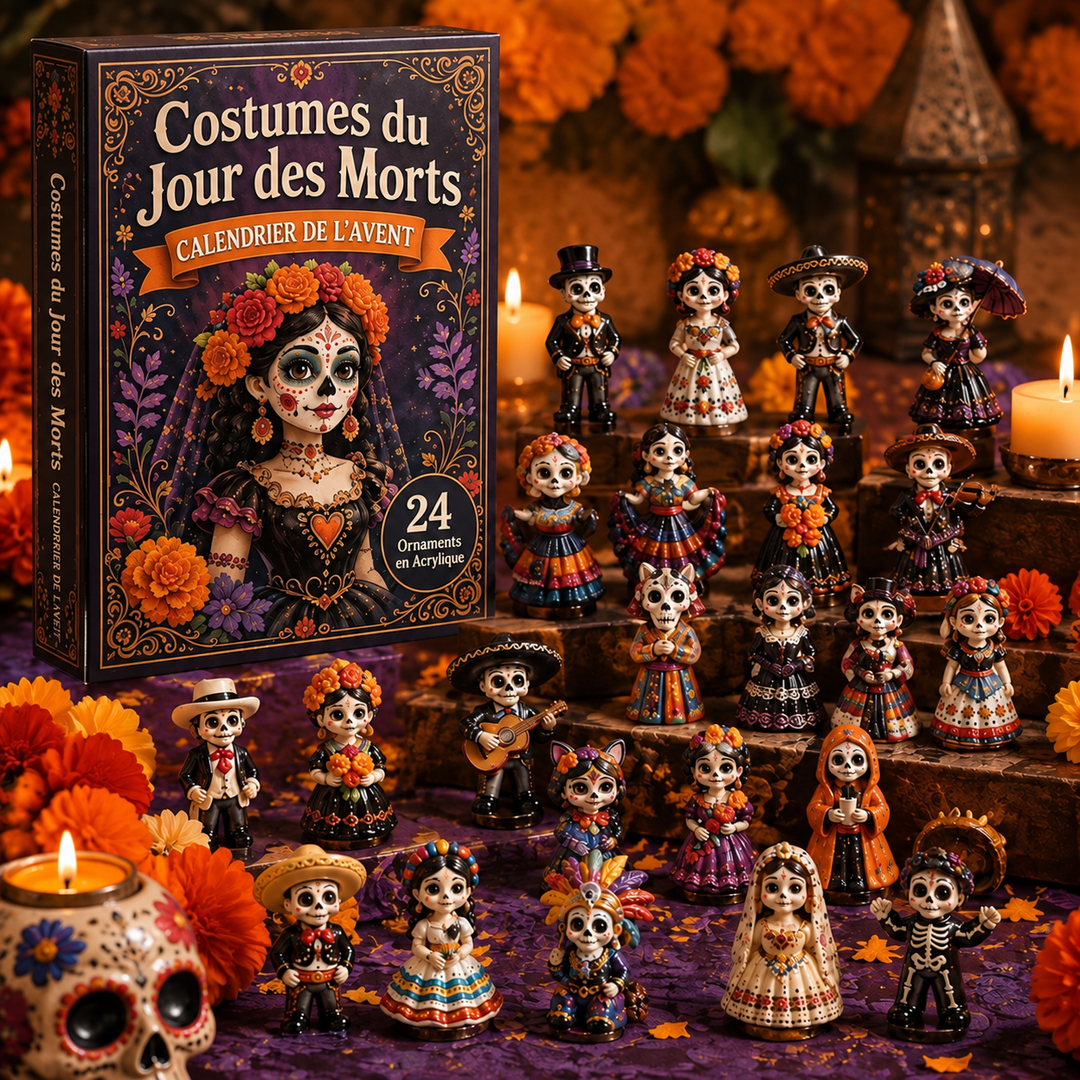 Idée cadeau Jour des Morts : Calendrier de l'Avent 2026 et 24 pendentifs acryliques uniques pour célébration culturelle.