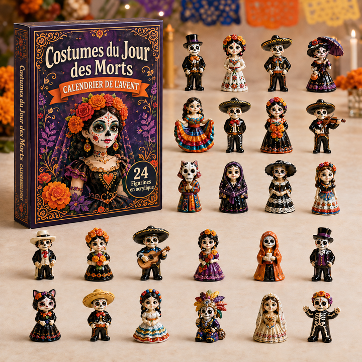 Calendrier de l'Avent Jour des Morts avec 24 pendentifs acryliques uniques pour une décoration saisonnière mexicaine.