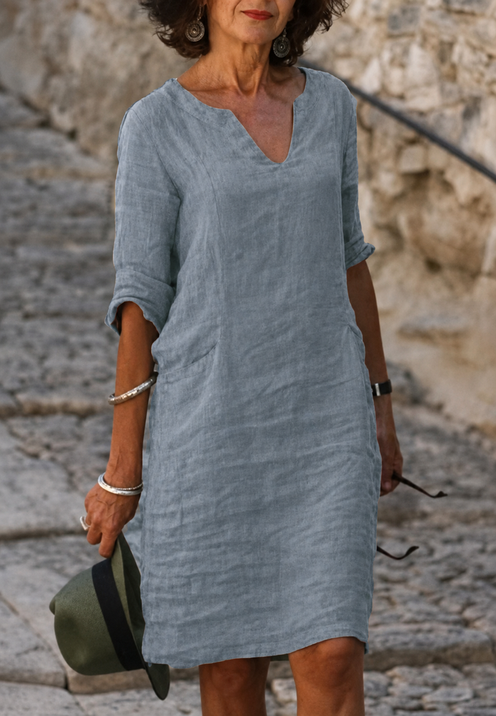Robe décontractée femme élégante, col V, manches 3/4, polyvalente, parfaite pour printemps et été.