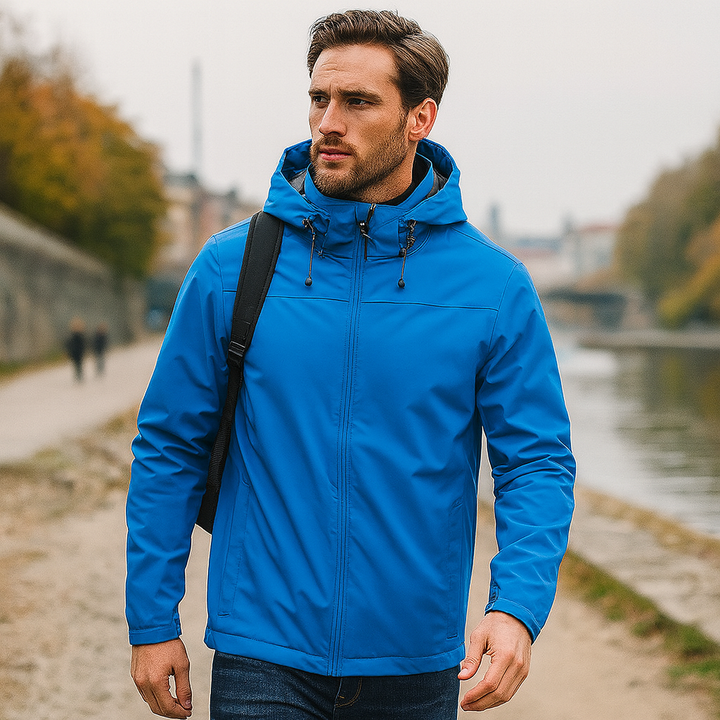 Veste imperméable coupe-vent à capuche pour homme. Idéale activités extérieures, sport, randonnée, voyage.