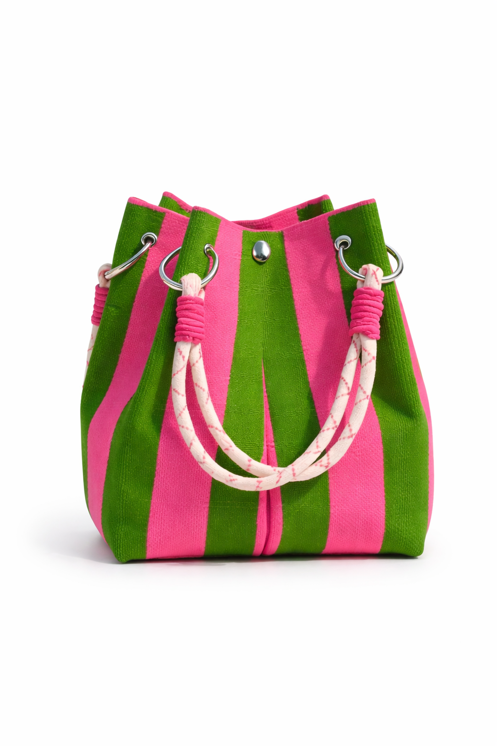 Sac seau tissé femme à rayures, élégant et décontracté, parfait pour printemps-été.