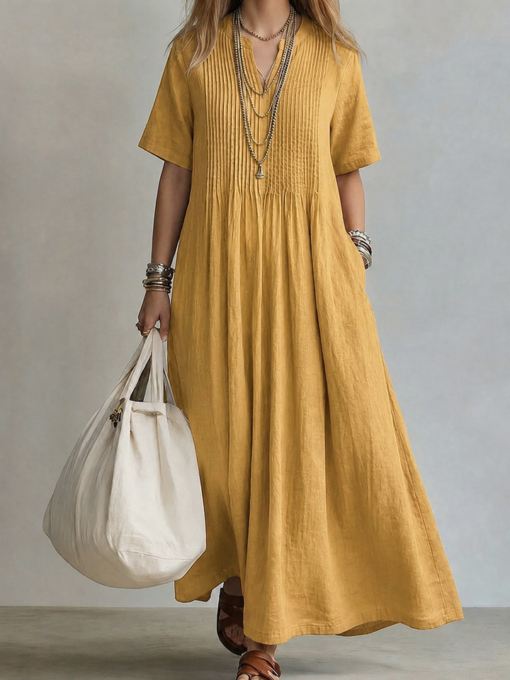 Robe longue fluide en coton lin femme, matière respirante idéale pour l'été.