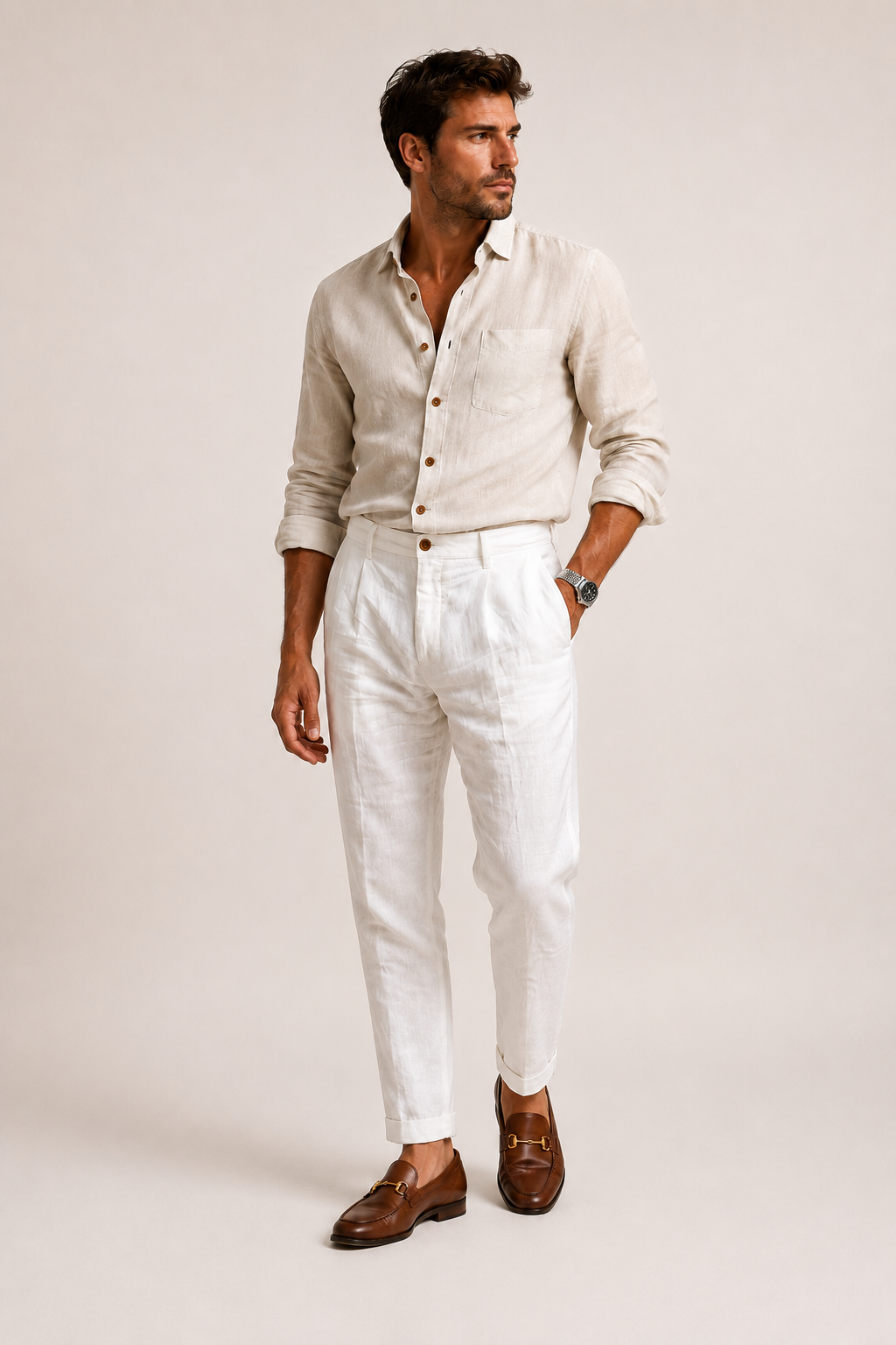 Pantalon homme confortable coupe droite cheville, style décontracté chic, idéal pour la saison estivale.