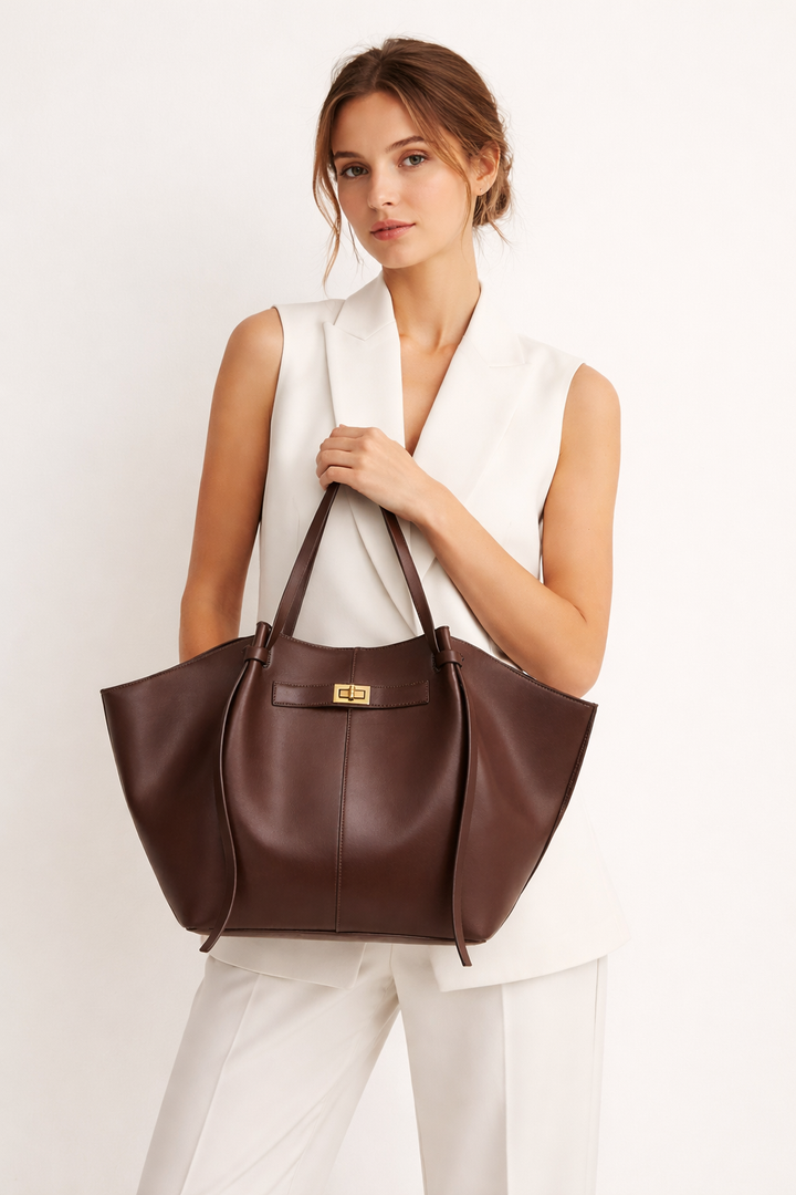 Sac fourre-tout élégant pour femme en cuir synthétique marron. Idéal pour le quotidien chic.