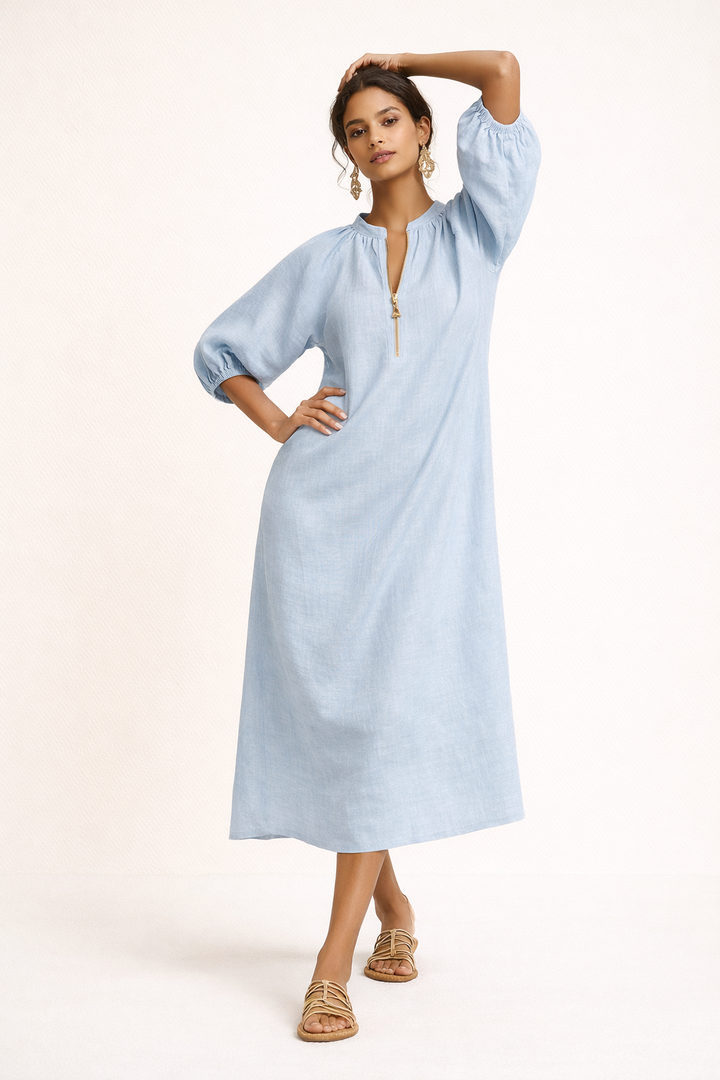 Élégante robe longue d'été pour femme, coupe fluide, manches courtes, idéale pour un look décontracté et mode.